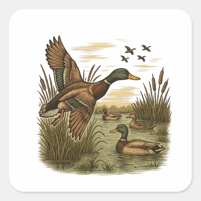 Retro-Flying-Mallard-Duck-Hunting,  Square Sticker (Front)