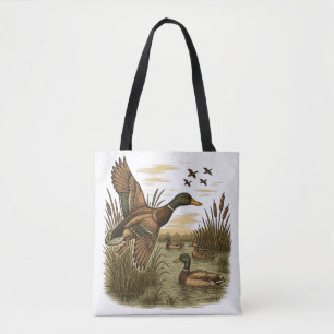 Retro-Flying-Mallard-Duck-Hunting, Tote Bag