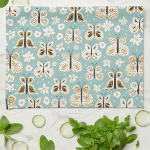 Retro Folk Art Butterflies Tea Towel