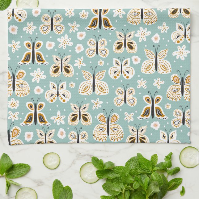 Retro Folk Art Butterflies Tea Towel (Folded)