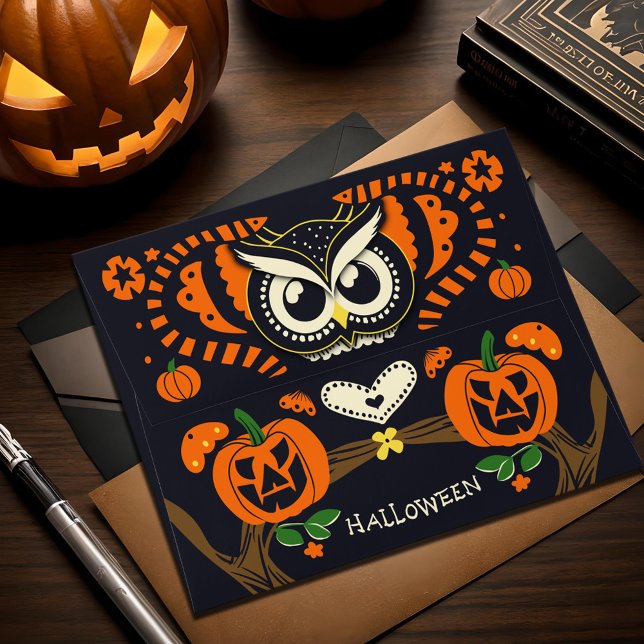 Retro Folk Art Halloween Black Orange Owl Face Envelope (Retro halloween envelope black and orange with vintage folk art elements of owl, snakes and pumpkins)