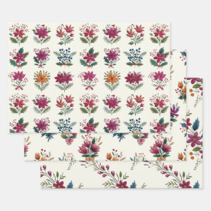 Retro Folk Floral Christmas Wrapping Paper Sheet