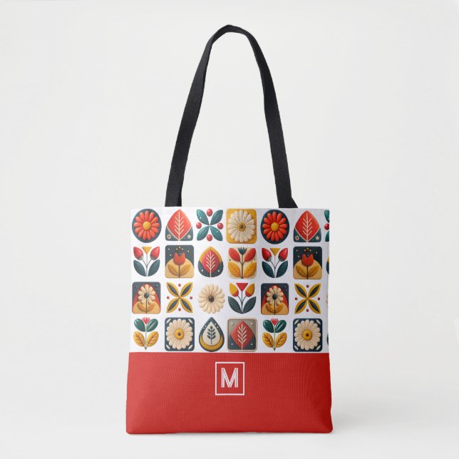 Retro Folk Floral Pattern Monogram Tote Bag (Front)