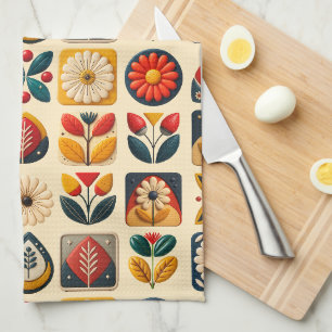 Retro Folk Floral with Personalised Monogram Tea Towel