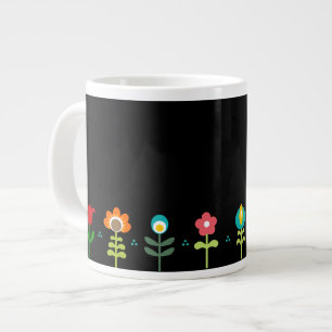 Retro folk flowers on black large coffee mug