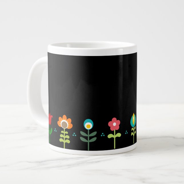 Retro folk flowers on black large coffee mug (Front Left)