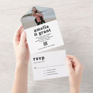 Retro Font Black and White QR Code Photo Wedding All In One Invitation