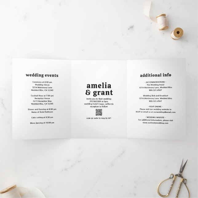 Retro Font Black and White QR Code Photo Wedding Tri-Fold Invitation (Inside)