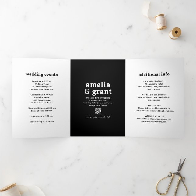 Retro Font Black QR Code Photo Modern Wedding Tri-Fold Invitation (Inside)