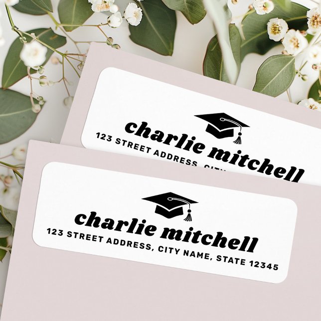 Retro font graduation cap white return address (Retro font graduation cap white return address label)