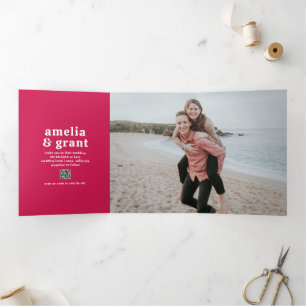 Retro Font Hot Pink QR Code Photo Modern Wedding Tri-Fold Invitation
