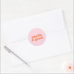 Retro Font Orange and Pink Modern Wedding Classic Round Sticker<br><div class="desc">Modern style wedding stickers featuring a simple and minimal layout with your names in a groovy retro font. The bright colour scheme is vibrant orange and pink. The fonts / colours may be changed in the design editing tool. These wedding stickers are great as envelope seals or for customising your...</div>