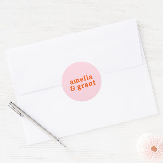 Retro Font Orange and Pink Modern Wedding Classic Round Sticker (Envelope)