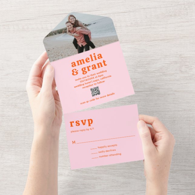 Retro Font Orange and Pink QR Code Photo Wedding All In One Invitation (Tearaway)