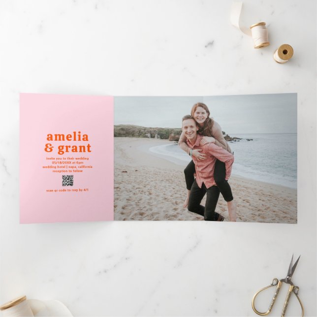 Retro Font Orange and Pink QR Code Photo Wedding Tri-Fold Invitation (Inside)