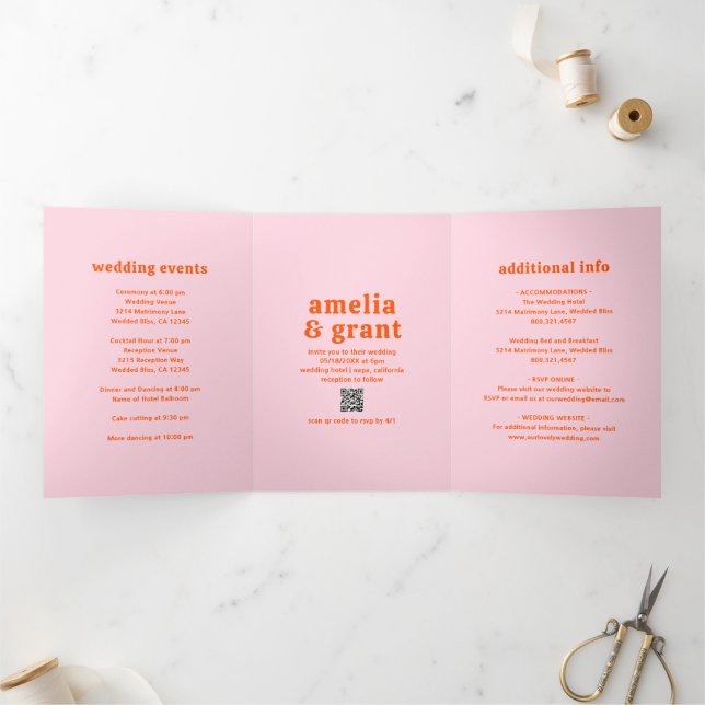 Retro Font Orange and Pink QR Code Photo Wedding Tri-Fold Invitation (Inside)