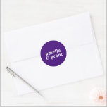 Retro Font Purple Modern Wedding Classic Round Sticker<br><div class="desc">Modern style wedding stickers featuring a simple and minimal layout with your names in a groovy retro font. The bright colour scheme is a vibrant royal purple. The fonts / colours may be changed in the design editing tool. These wedding stickers are great as envelope seals or for customising your...</div>