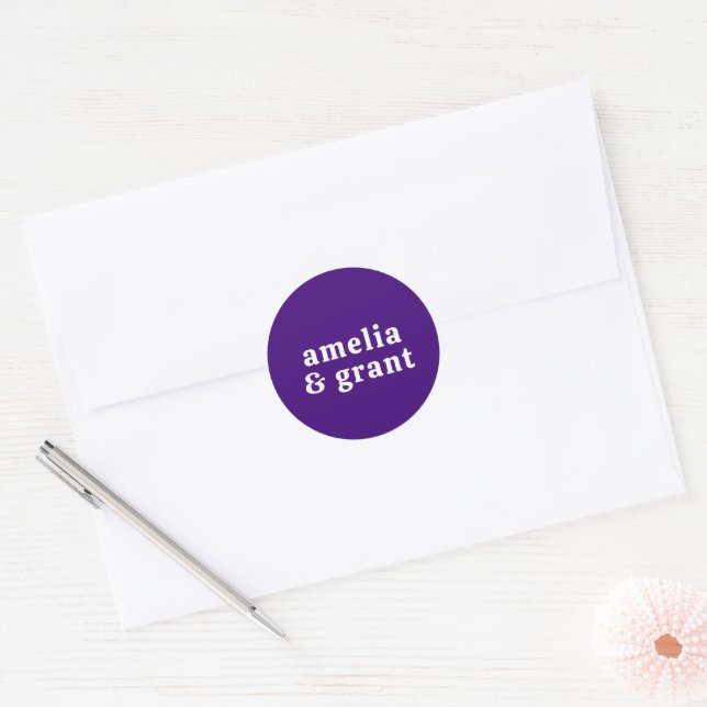 Retro Font Purple Modern Wedding Classic Round Sticker (Envelope)
