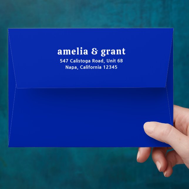 Retro Font Royal Blue Modern Wedding Envelope (Hand)