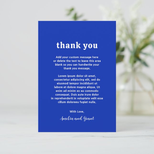 Retro Font Royal Blue Modern Wedding Thank You Card (Standing Front)