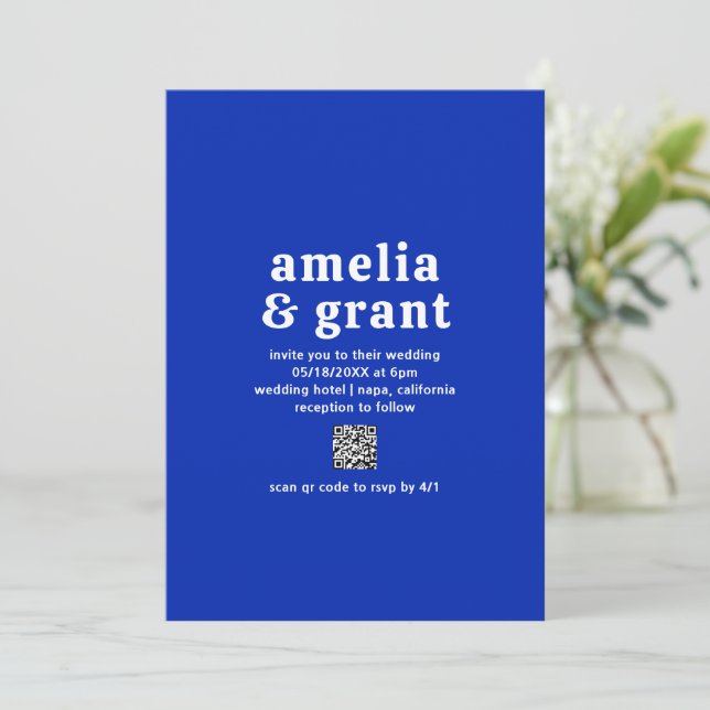 Retro Font Royal Blue QR Code Modern Wedding Invitation (Standing Front)