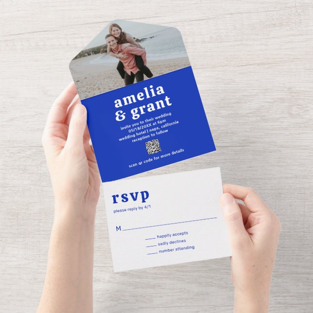 Retro Font Royal Blue QR Code Photo Modern Wedding All In One Invitation (Tearaway)
