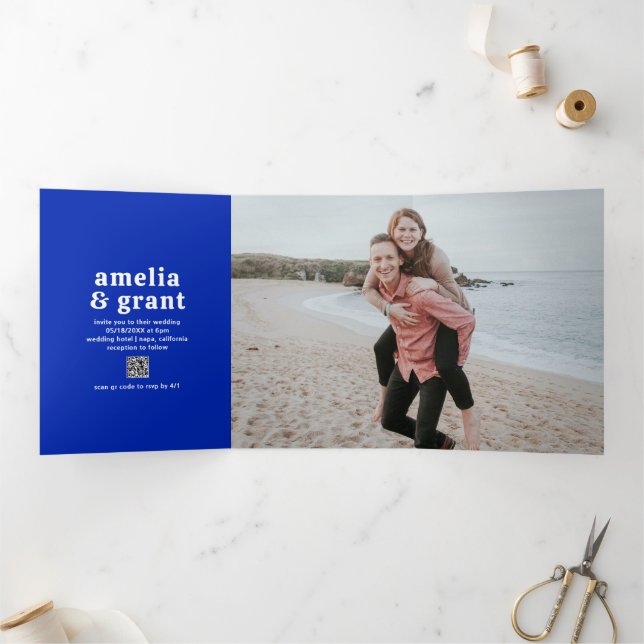 Retro Font Sapphire Blue QR Code Modern Wedding Tri-Fold Invitation (Inside)