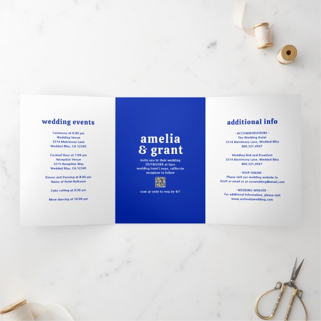 Retro Font Sapphire Blue QR Code Modern Wedding Tri-Fold Invitation (Inside)