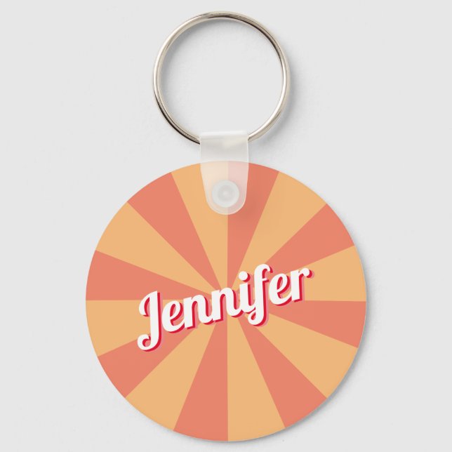 Retro Fonts Personalised Name Pink Orange Sunburst Key Ring (Front)