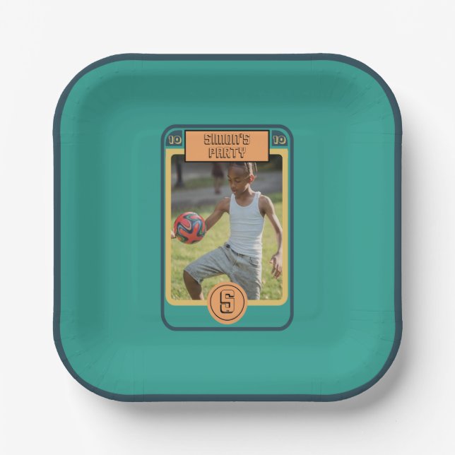 Retro Football Card inspired Boy Party Paper Plate (Front)
