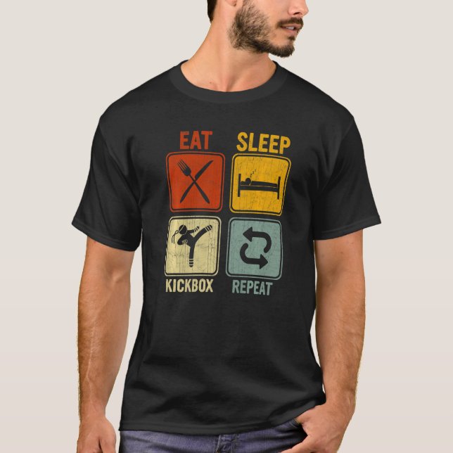 Retro For Kickboxing Eat Sleep Kickbox Repeat T-Shirt (Front)