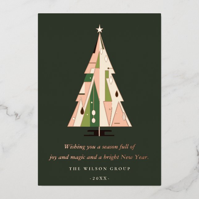 Retro Forest Green Christmas Tree Business Logo Foil Holiday Card (Front)