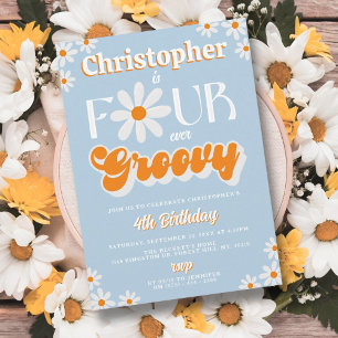 Retro Four Ever Groovy Boys 4th Birthday Invitation