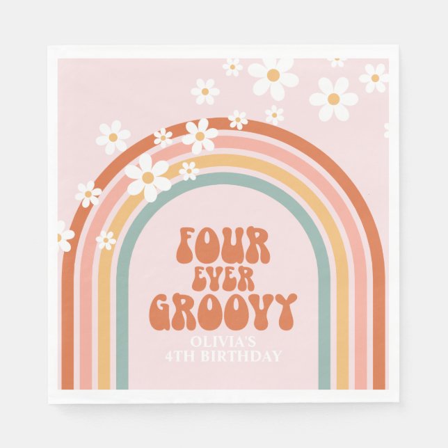 Retro Four Ever Groovy daisy rainbow 4th birthday  Napkin (Front)