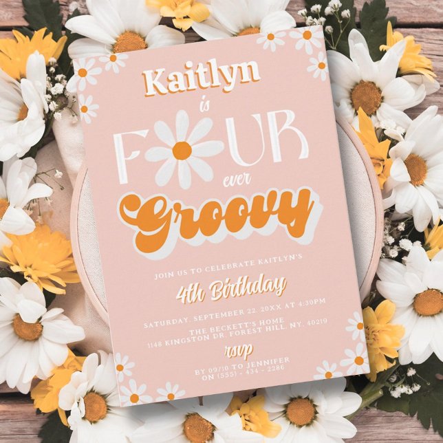 Retro Four Ever Groovy Girls 4th Birthday Invitation (Creator Uploaded)