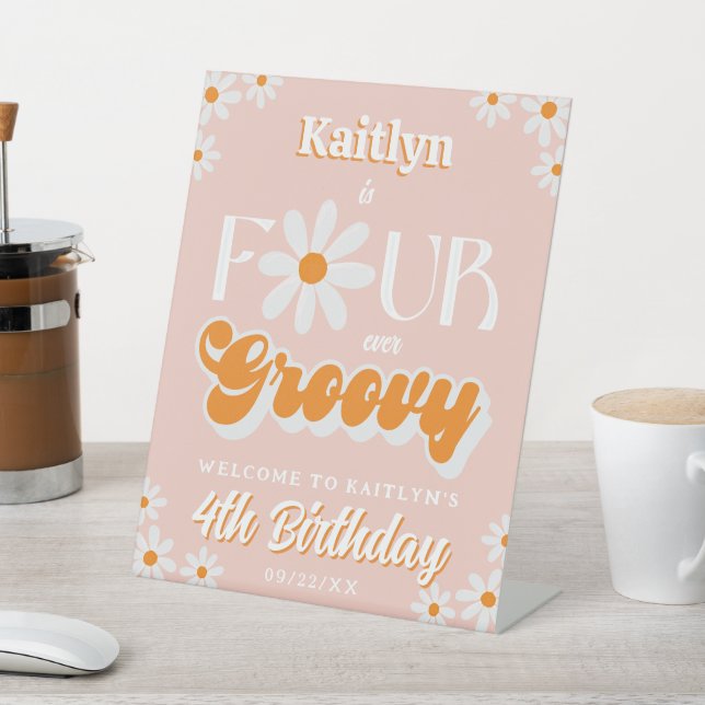 Retro Four Ever Groovy Girls 4th Birthday Welcome Pedestal Sign (In SItu)