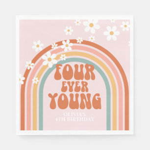 Retro Four Ever Young daisy rainbow 4th birthday  Napkin