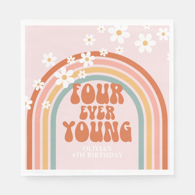 Retro Four Ever Young daisy rainbow 4th birthday  Napkin (Front)