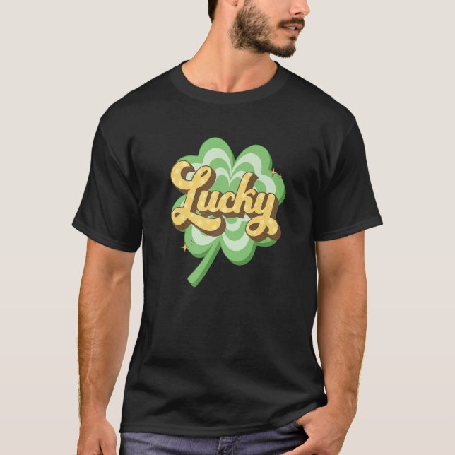 Retro Four Leaf Clover Lucky Green Shamrock St Pat T-Shirt (Front)