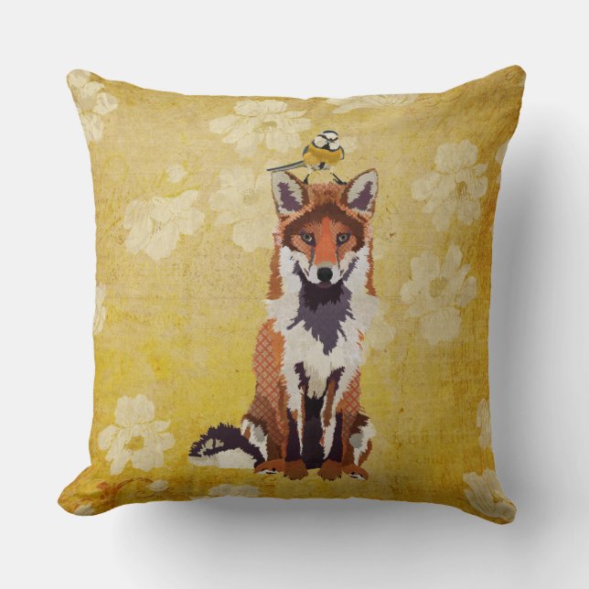 Retro Fox & Little Bird Pillow (Front)