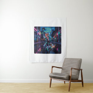 Retro Fox Skater: Neon Cityscape Adventure Tapestry