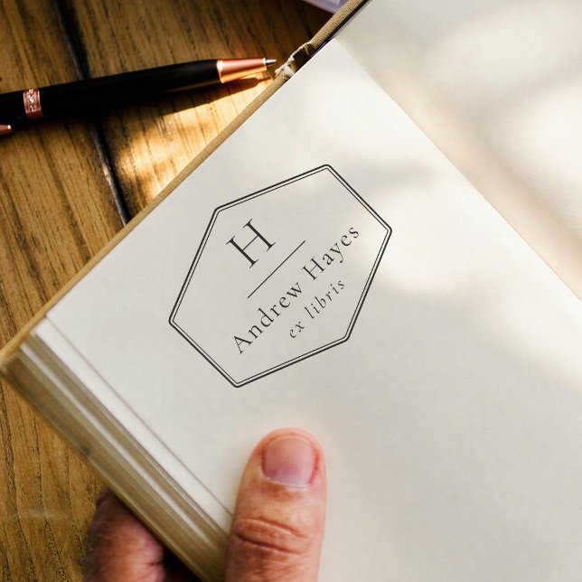 Retro Frame Modern Monogram Ex Libris Book Rubber Stamp (Creator Uploaded)