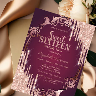 Retro Frame Rose Gold Glitter Drips Burgundy  Invitation