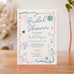 Retro French hand drawn illustrated bridal shower Invitation