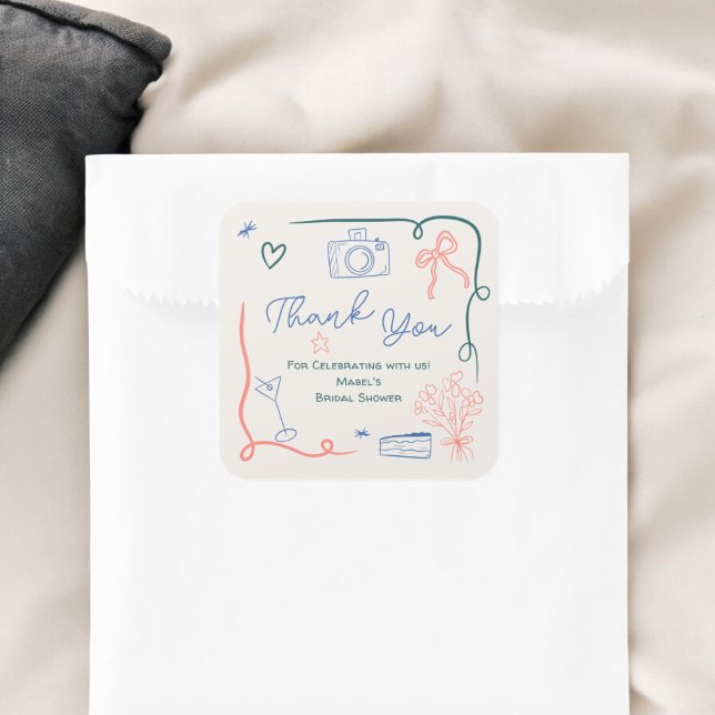Retro french hand drawn illustrated bridal shower square sticker (Retro french hand drawn illustrated bridal shower square sticker)