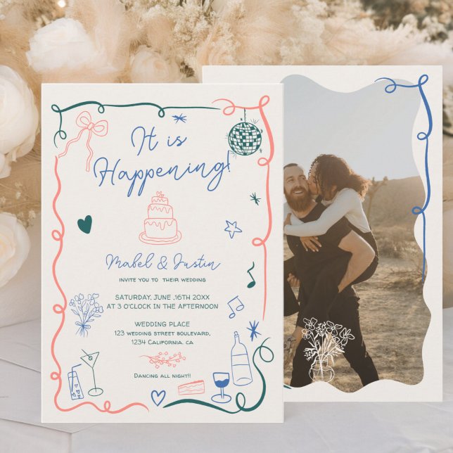 Retro French hand drawn illustrated photo wedding Invitation (Retro French hand drawn illustrated photo wedding Invitation)