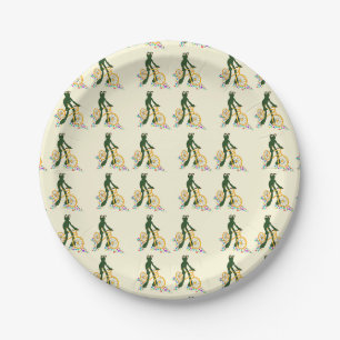 Retro frog on bicycle with flowers paper plate