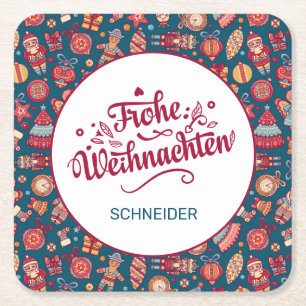 Retro Frohe Weihnachten Personalised Square Paper Coaster