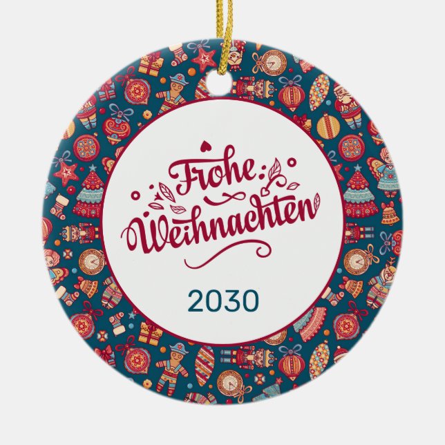 Retro Frohe Weihnachten Personalized Ceramic Tree Decoration (Front)