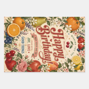 Retro Fruit Birthday ,Colourful Floral Greeting Wrapping Paper Sheet